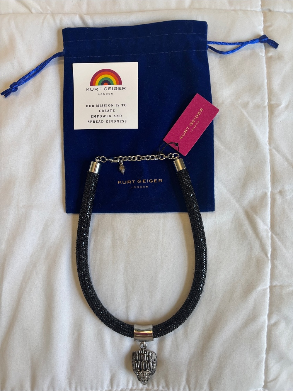 NWT Kurt Geiger Black Crystal Statement Necklace with Silver Eagle Head